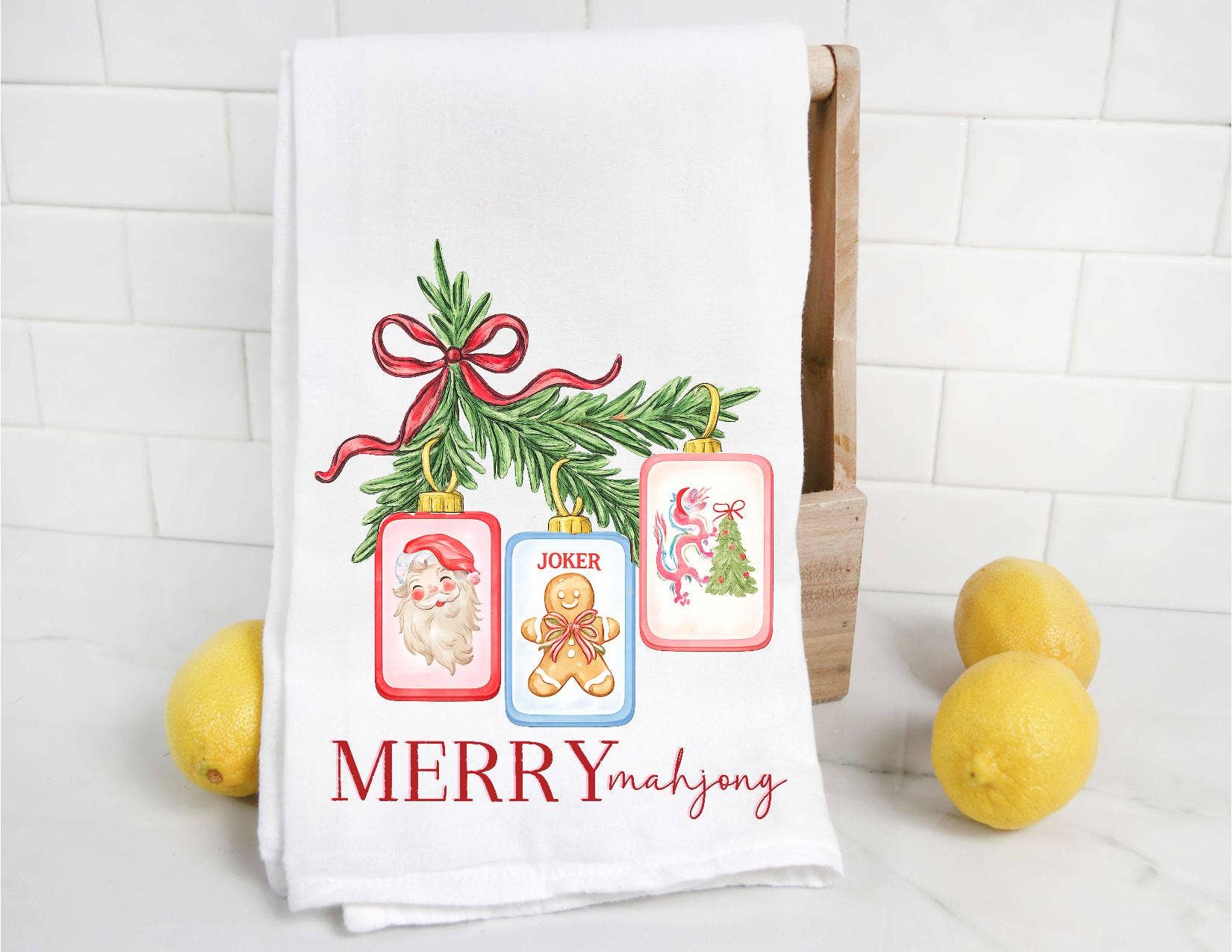 Merry Mahjong Christmas Tile Swag Tea Towel